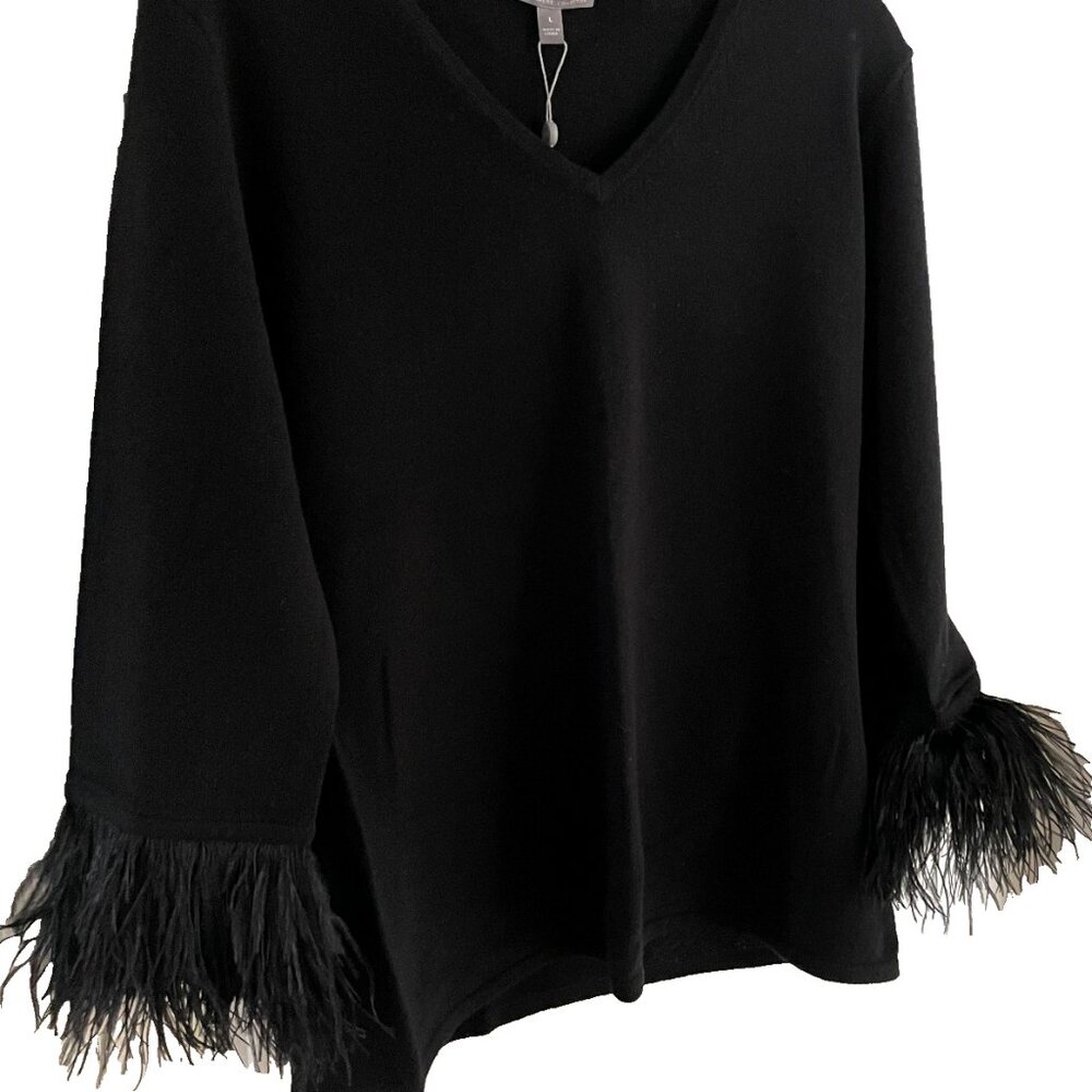 NEIMAN MARCUS Cashmere V-Neck NWT Pull-over Sweater - Ostrich Feather Cuff Trim.